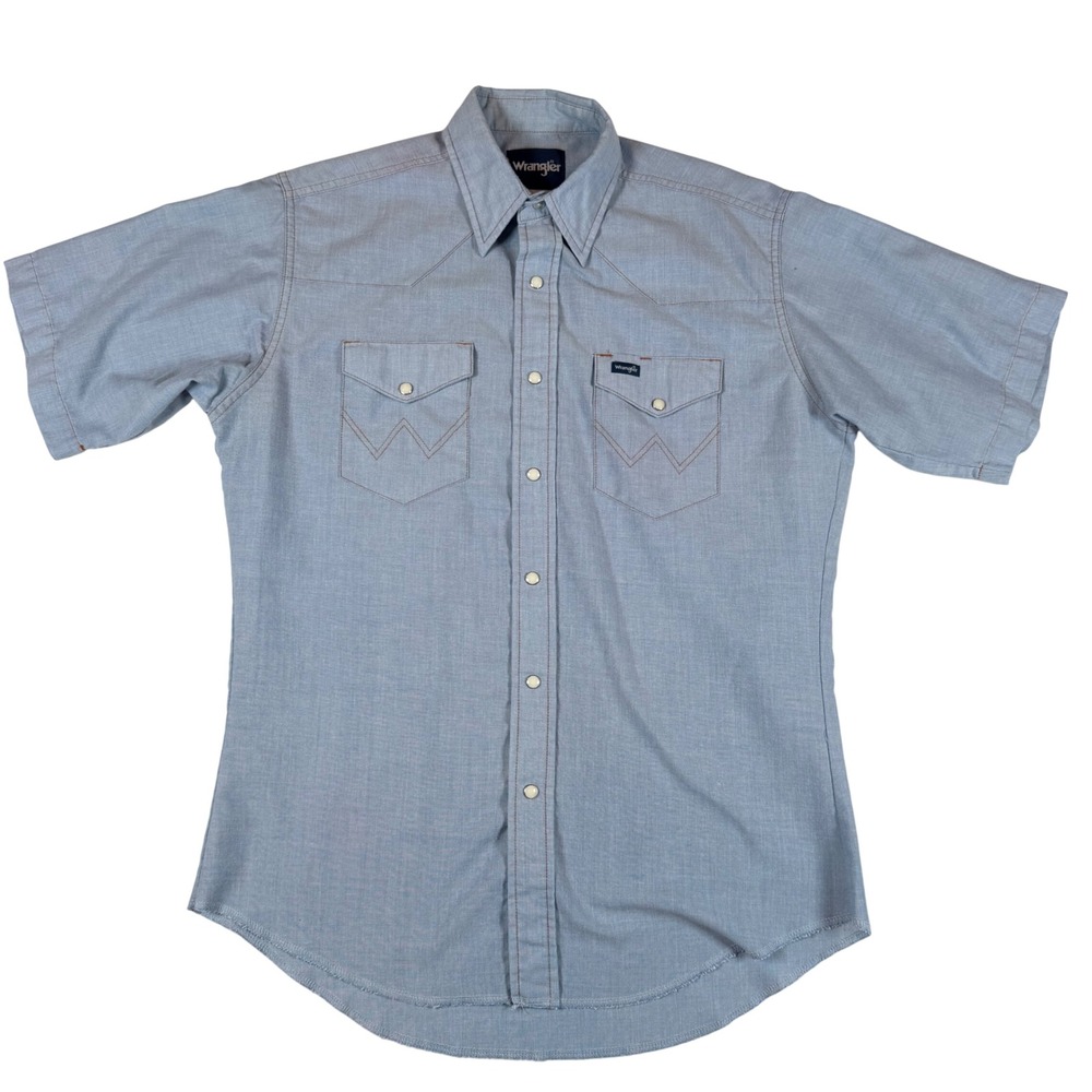 Vtg Wrangler Western Shirt M Denim Blue Pearl Snap Short Sleeve Cowboy Indie